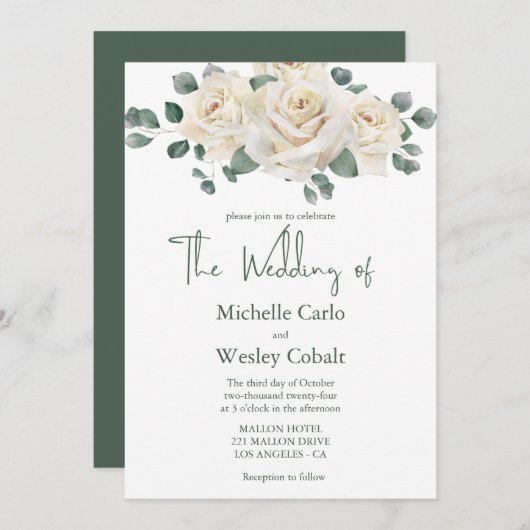 Minimalistische Witte en Groene Roos bruiloft uitn Kaart (Voorkant / Achterkant)
