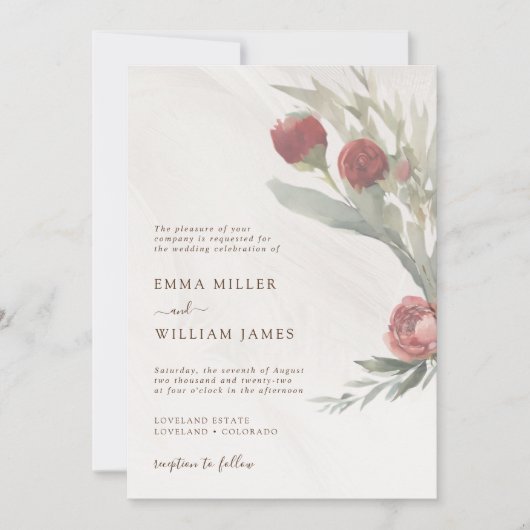 Minimalistische witte en rode bloemen bruiloft kaart (Voorkant)