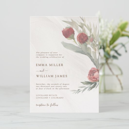 Minimalistische witte en rode bloemen bruiloft kaart (Staand voorkant)