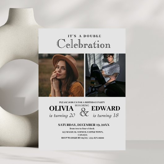 Minimalistische Witte en Zwarte Dubbele Verjaardag Kaart