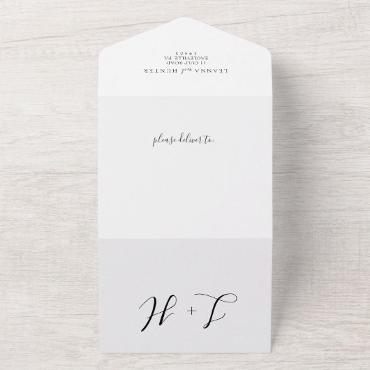 Minimalistische witte en zwarte fotobruiloft all in one uitnodiging (Buitenkant)