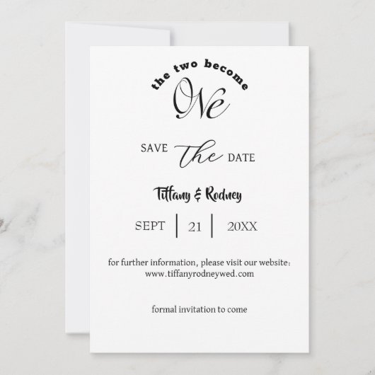 Minimalistische witte en zwarte save-the-date kaart (Voorkant)