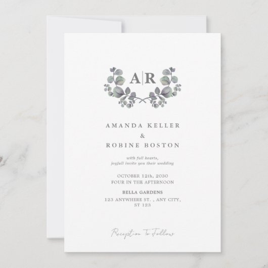 Minimalistische Witte & Eucalyptus bruiloft Kaart (Voorkant)