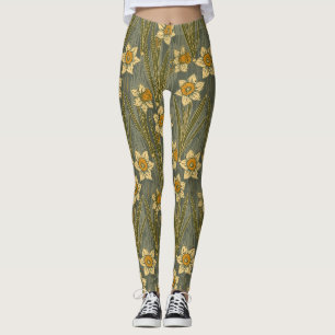 Minimalistische witte gele narcis bloempatroon leggings