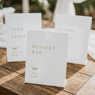 Minimalistische witte gouden dessertbar trouwbord reclamebord met voetstuk