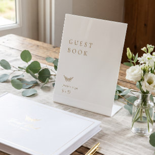 Minimalistische witte gouden gastboek trouwbord reclamebord met voetstuk