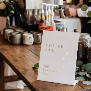 Minimalistische witte gouden koffiebruiloftsign reclamebord met voetstuk