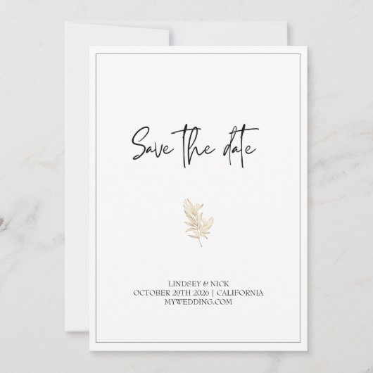 Minimalistische witte gouden trouwuitnodiging save the date (Voorkant)