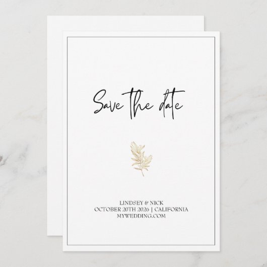 Minimalistische witte gouden trouwuitnodiging save the date (Voorkant / Achterkant)
