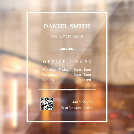 Minimalistische witte kantooruren QR-code Raamsticker