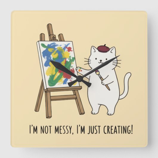 Minimalistische Witte Kat Creatief Geel Woonaccent Vierkante Klok (Voorkant)