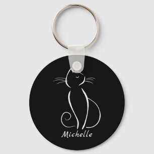 Minimalistische witte kat op zwarte achtergrond me sleutelhanger