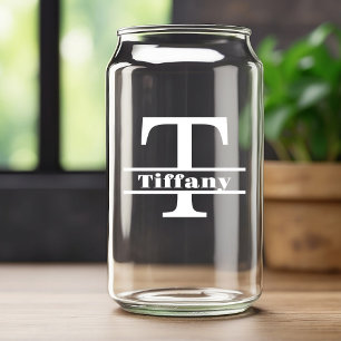 Minimalistische witte letter T monogram en aangepa Blikvorm Glas