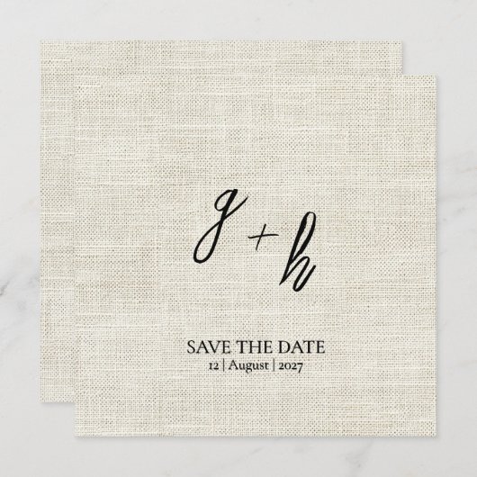 Minimalistische witte linnen  Save Date Initialen (Voorkant / Achterkant)
