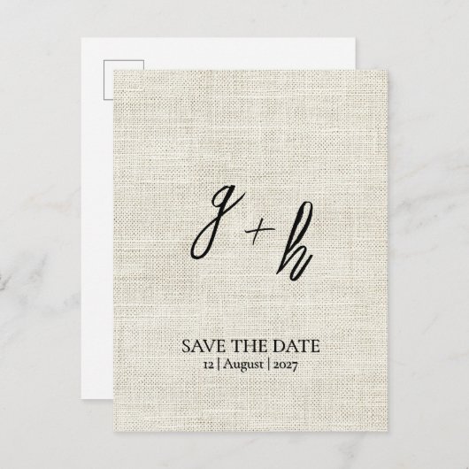 Minimalistische witte linnen  Save Date Initialen Aankondigingskaart (Voorkant / Achterkant)