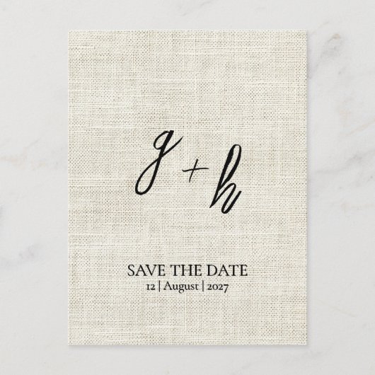 Minimalistische witte linnen  Save Date Initialen Aankondigingskaart (Voorkant)