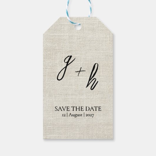 Minimalistische witte linnen  Save Date Initialen Cadeaulabel (Achterkant)