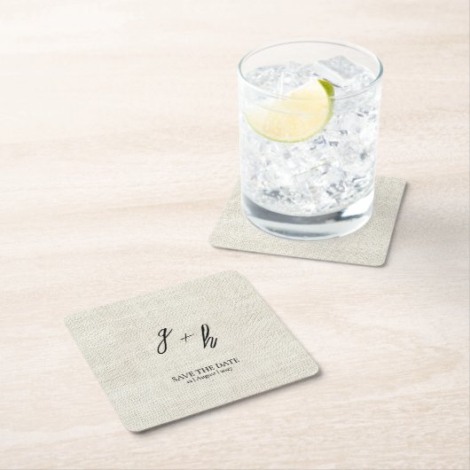 Minimalistische witte linnen  Save Date Initialen Kartonnen Onderzetters (Insitu)