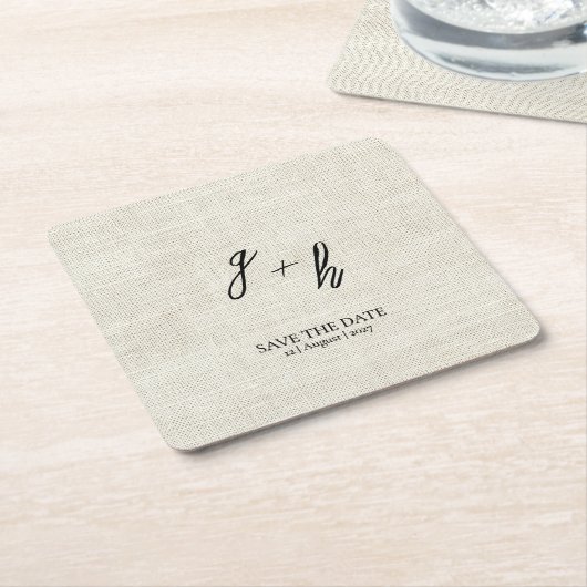 Minimalistische witte linnen  Save Date Initialen Kartonnen Onderzetters (Schuin)