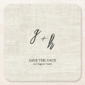 Minimalistische witte linnen  Save Date Initialen Kartonnen Onderzetters (Voorkant)