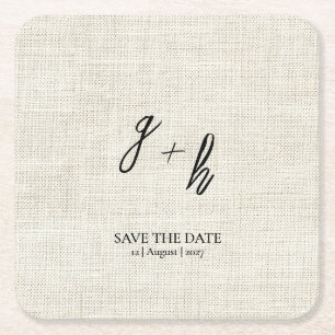 Minimalistische witte linnen Save Date Initialen Kartonnen Onderzetters