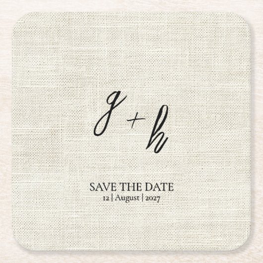 Minimalistische witte linnen  Save Date Initialen Kartonnen Onderzetters (Voorkant)