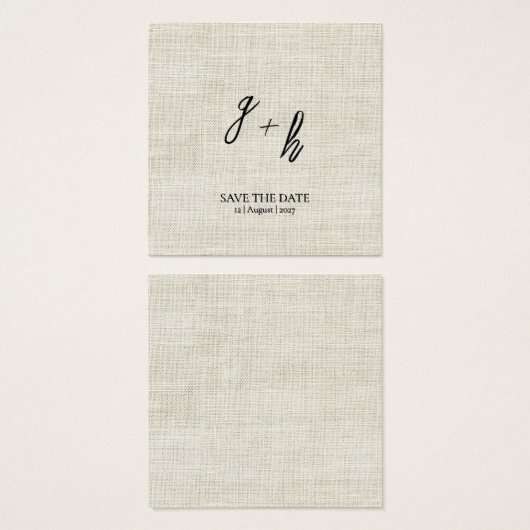 Minimalistische witte linnen  Save Date Initialen Vierkante Visitekaartjes (Voorkant /achterkant)