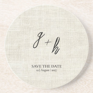 Minimalistische witte linnen  Save Date Initialen Zandsteen Onderzetter