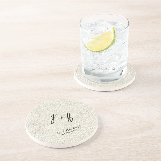 Minimalistische witte linnen  Save Date Initialen Zandsteen Onderzetter (Zijkant)