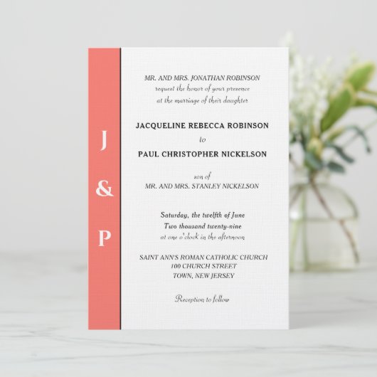 Minimalistische witte monogram met koraal accent kaart (Staand voorkant)