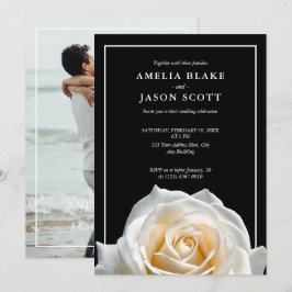 Minimalistische Witte Roos op Zwarte Huwelijksuitn Kaart