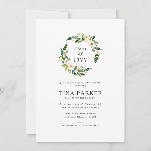 Minimalistische witte rozen groen foto Afstuderen Kaart (Voorkant)