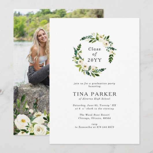 Minimalistische witte rozen groen foto Afstuderen Kaart (Voorkant / Achterkant)