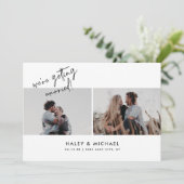 Minimalistische witte script 2 foto trouw save the date (Staand voorkant)
