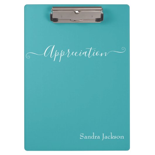 Minimalistische witte script waardering teal blauw klembord (Voorkant)