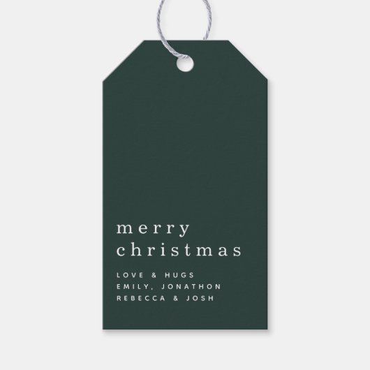 Minimalistische witte tekst Vrolijk kerstgroen Cadeaulabel (Voorkant)