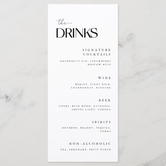 Minimalistische witte trouwdranken menu (Voorkant)