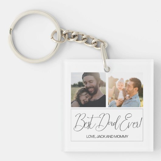 Minimalistische witte twee foto beste papa ooit sleutelhanger (voorkant)