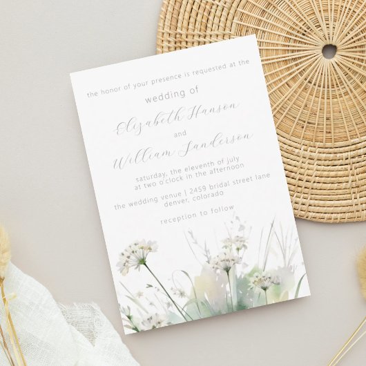 Minimalistische witte weide wilde bloem bruiloft kaart