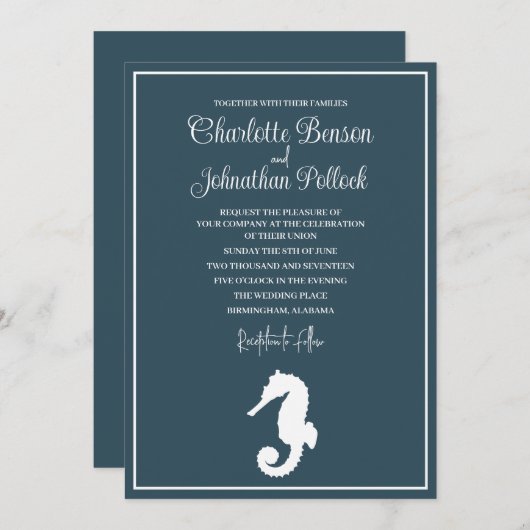 Minimalistische witte zeepaardje strand bruiloft kaart (Voorkant / Achterkant)