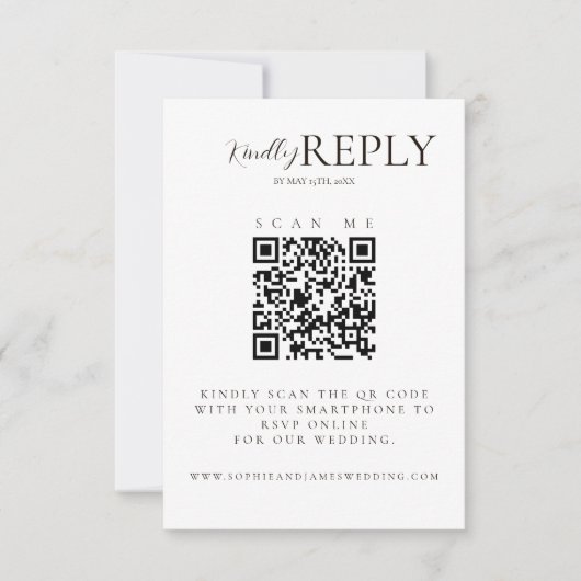 Minimalistische witte + zwarte bruiloft QR-code RS RSVP Kaartje (Voorkant)
