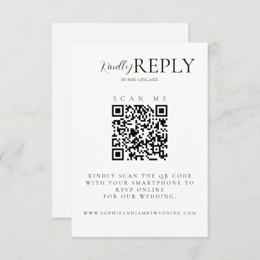 Minimalistische witte + zwarte bruiloft QR-code RS RSVP Kaartje (Voorkant / Achterkant)