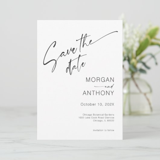 Minimalistische witte zwarte foto bewaar de datum save the date (Staand voorkant)