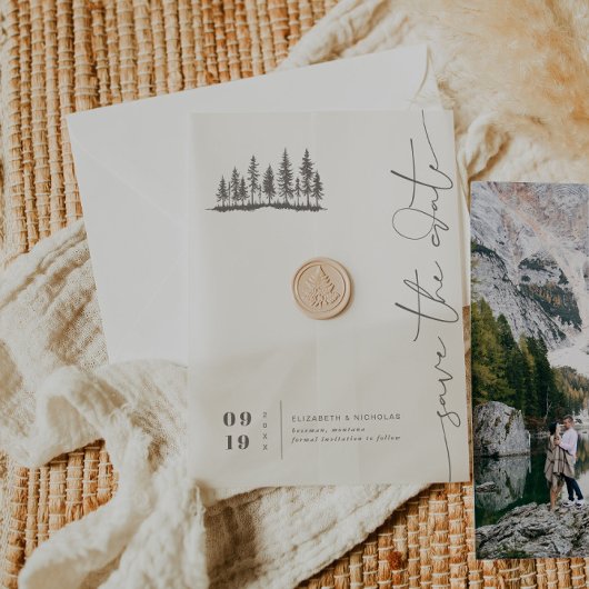 Minimalistische Woodland Elegance | Save the date Vellum Uitnodigingen