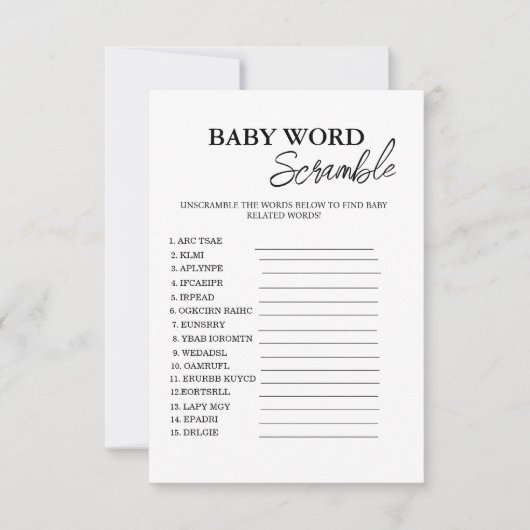 Minimalistische woord scramble baby shower spel ka kaart (Voorkant)