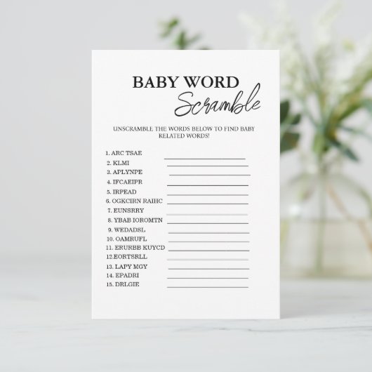 Minimalistische woord scramble baby shower spel ka kaart (Staand voorkant)