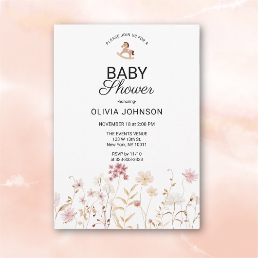 Minimalistische zachte roze bloemen baby shower kaart