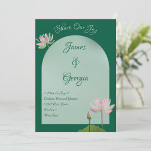 Minimalistische Zachte Roze & Groene Lotus Wedding Kaart