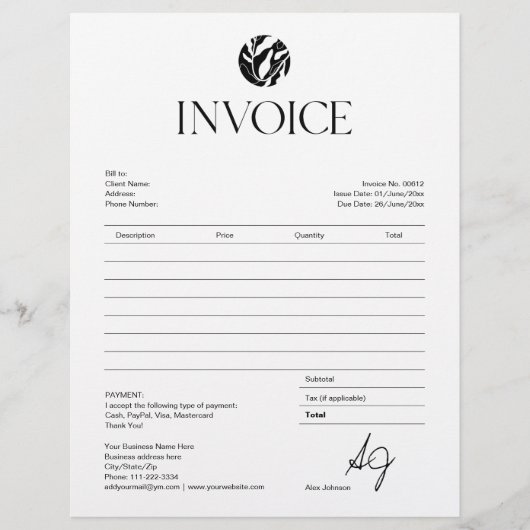 Minimalistische zakelijke zwart-witfactuur flyer (Voorkant)