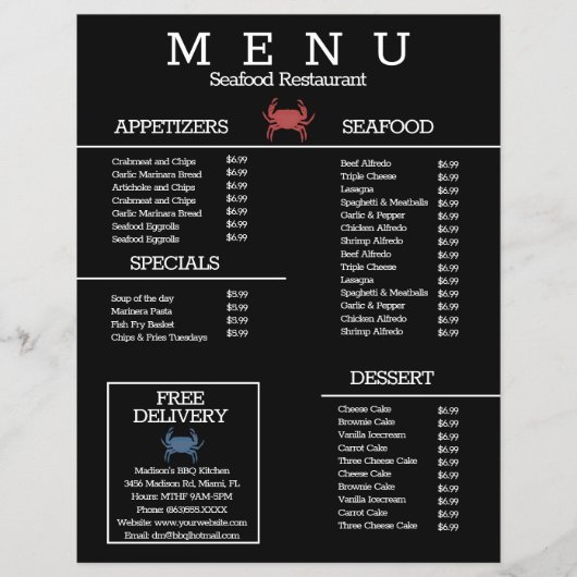 Minimalistische zeebanket-krabgrill restaurantmenu flyer (Voorkant)